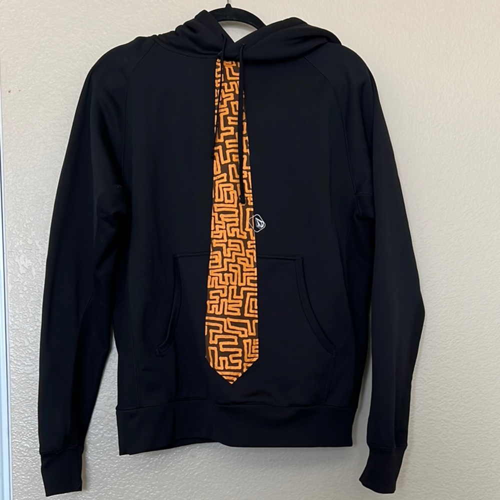 Volcom Black and Orange Sweater with Hood and Unique Tie Design